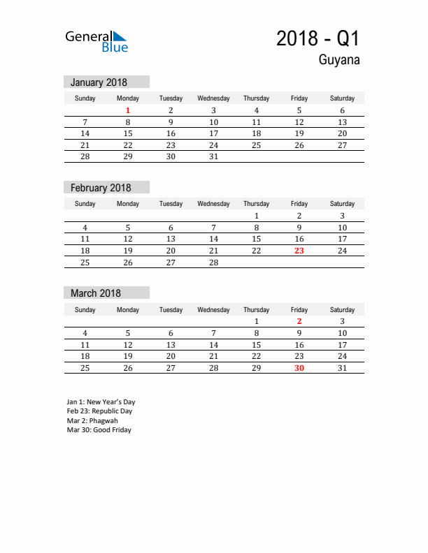 Guyana Quarter 1 2018 Calendar with Holidays