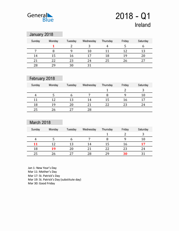 Ireland Quarter 1 2018 Calendar with Holidays