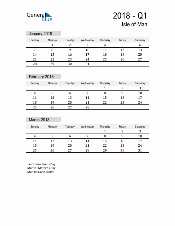 Isle of Man Quarter 1 2018 Calendar with Holidays