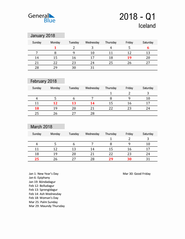 Iceland Quarter 1 2018 Calendar with Holidays