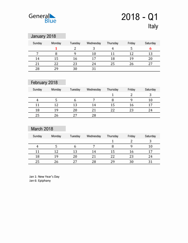 Italy Quarter 1 2018 Calendar with Holidays