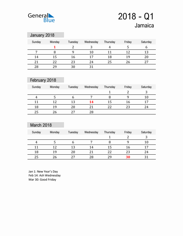 Jamaica Quarter 1 2018 Calendar with Holidays