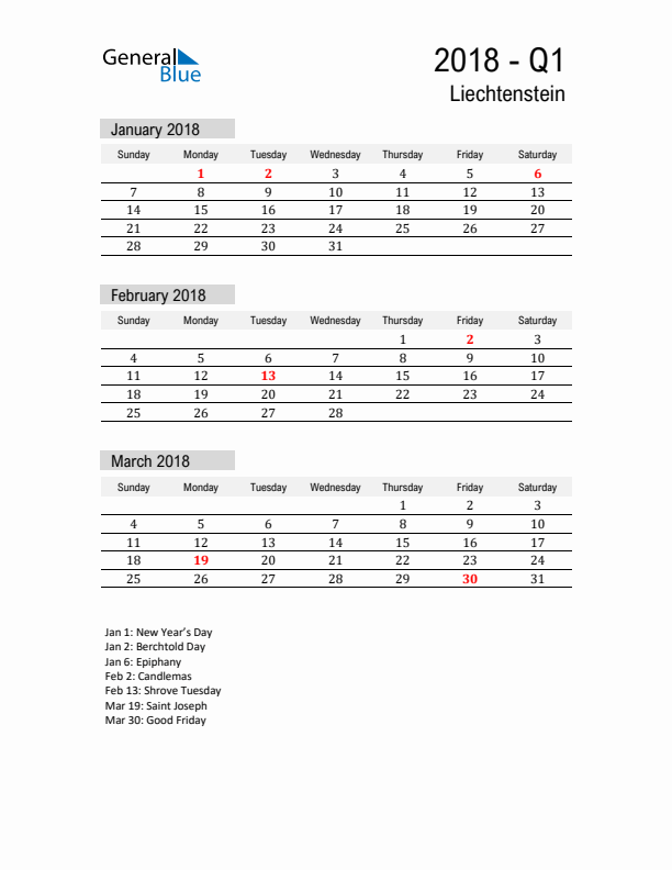 Liechtenstein Quarter 1 2018 Calendar with Holidays