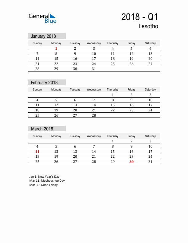 Lesotho Quarter 1 2018 Calendar with Holidays