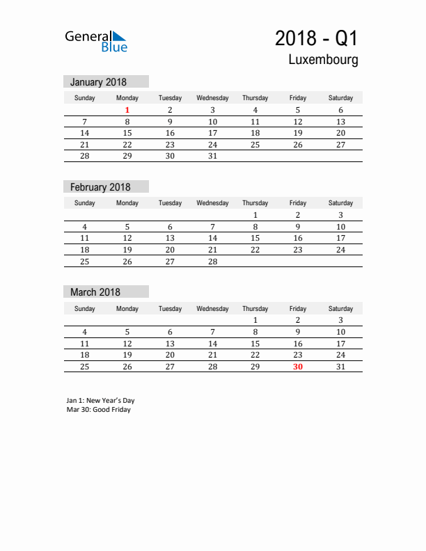 Luxembourg Quarter 1 2018 Calendar with Holidays