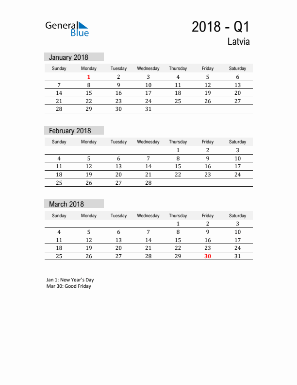 Latvia Quarter 1 2018 Calendar with Holidays