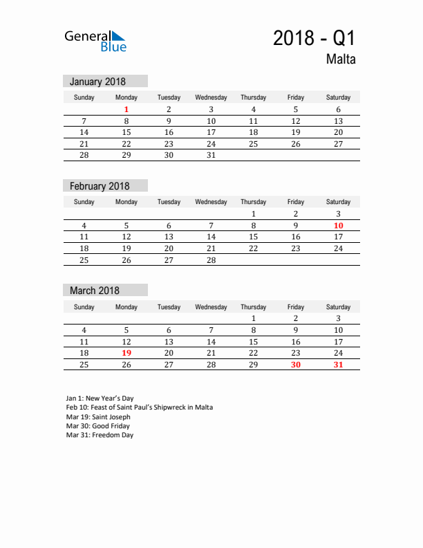 Malta Quarter 1 2018 Calendar with Holidays