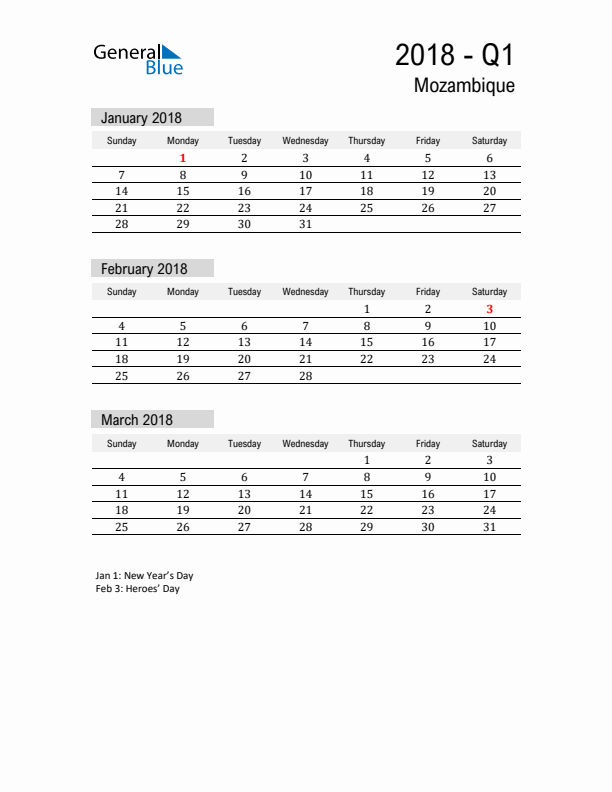 Mozambique Quarter 1 2018 Calendar with Holidays