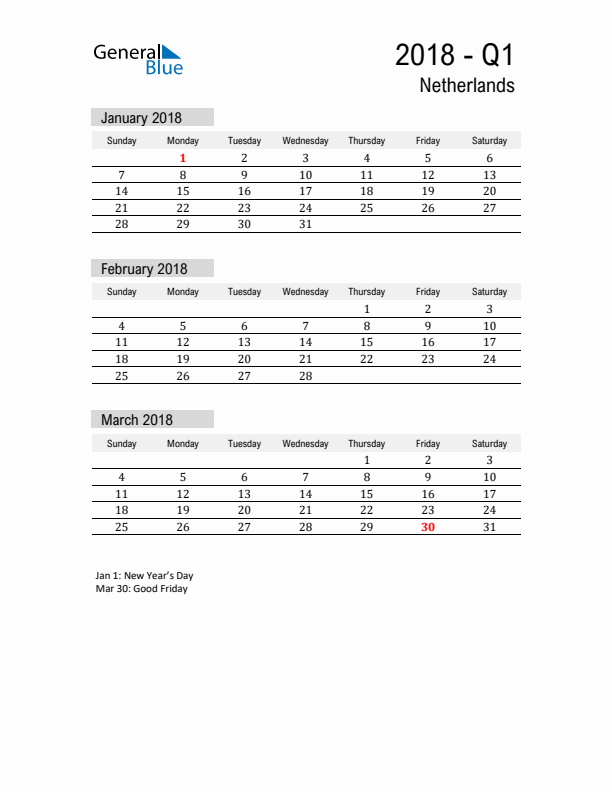 The Netherlands Quarter 1 2018 Calendar with Holidays