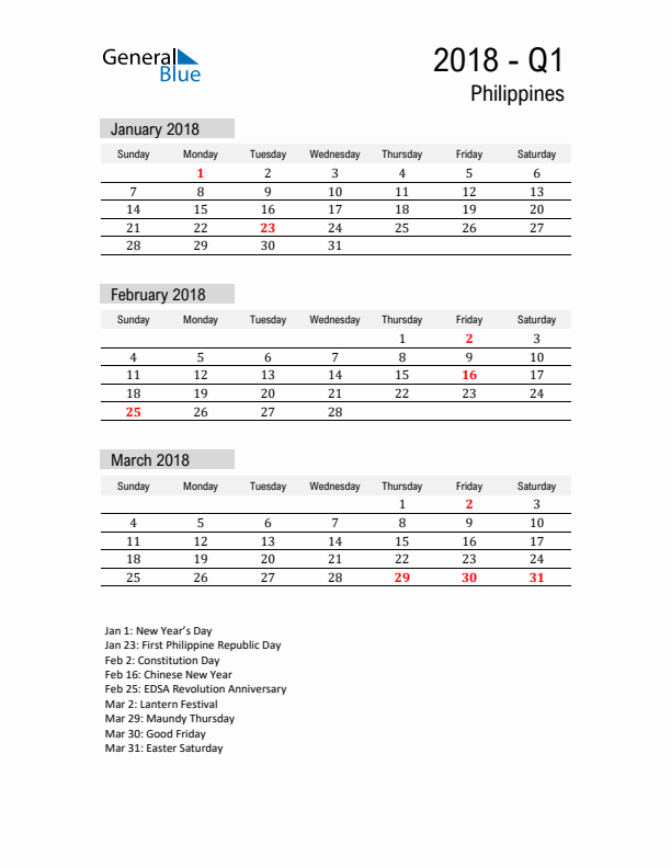 Philippines Quarter 1 2018 Calendar with Holidays