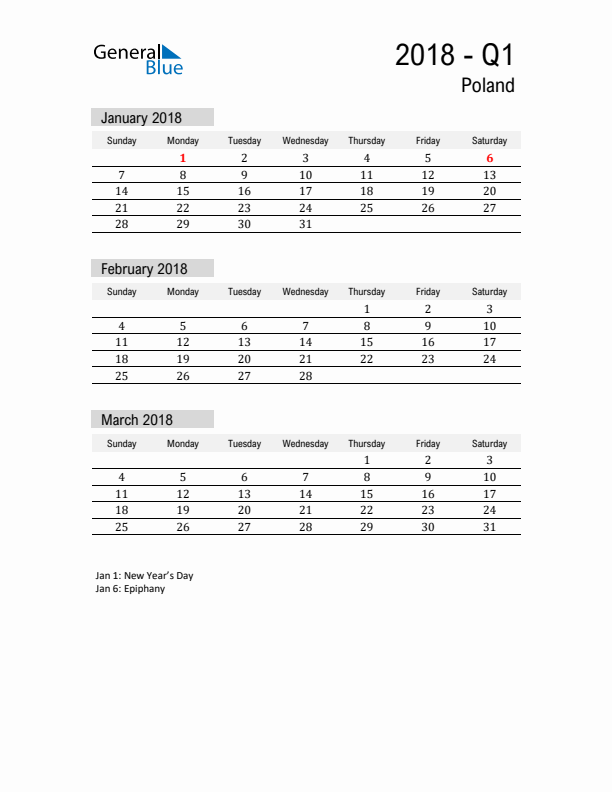 Poland Quarter 1 2018 Calendar with Holidays