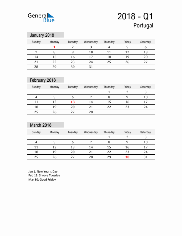 Portugal Quarter 1 2018 Calendar with Holidays