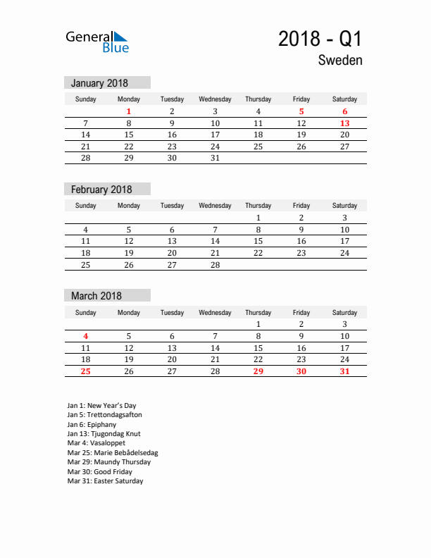 Sweden Quarter 1 2018 Calendar with Holidays