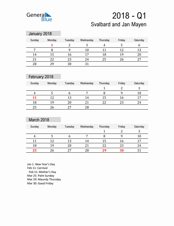 Svalbard and Jan Mayen Quarter 1 2018 Calendar with Holidays