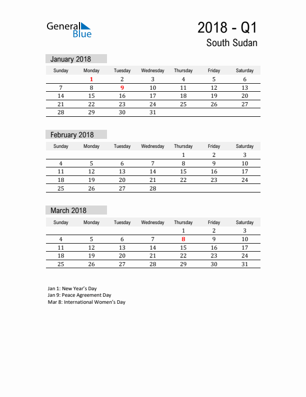 South Sudan Quarter 1 2018 Calendar with Holidays