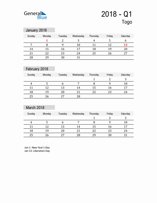 Togo Quarter 1 2018 Calendar with Holidays