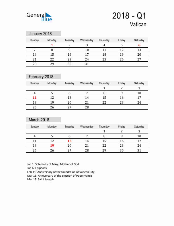 Vatican Quarter 1 2018 Calendar with Holidays