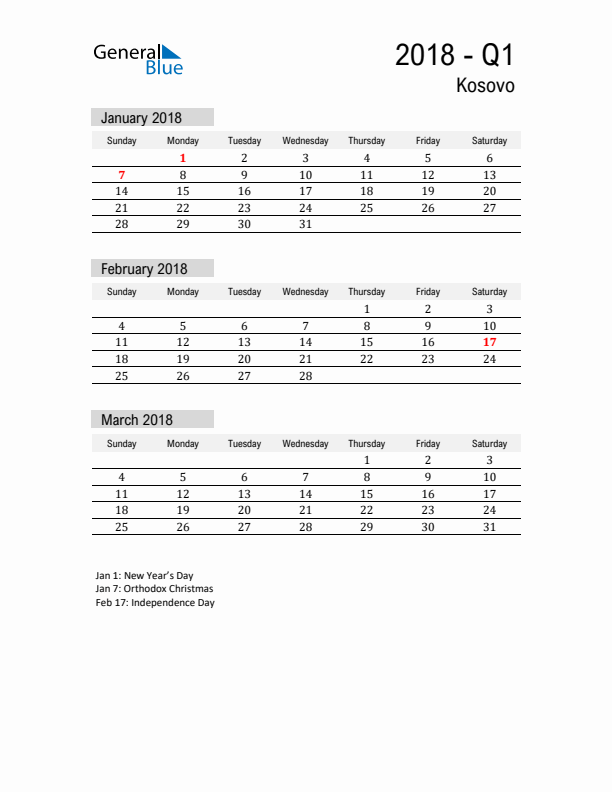 Kosovo Quarter 1 2018 Calendar with Holidays