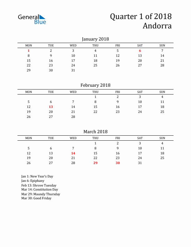 Quarter 1 2018 Andorra Quarterly Calendar