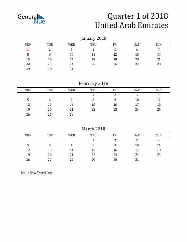 Quarter 1 2018 United Arab Emirates Quarterly Calendar