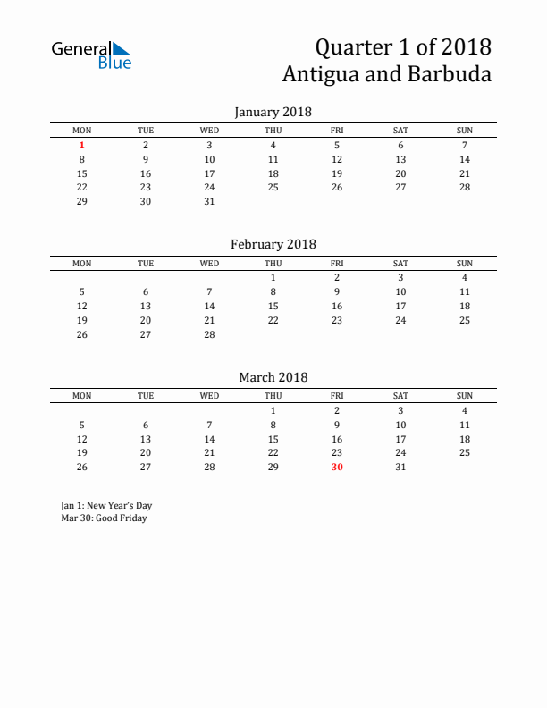 Quarter 1 2018 Antigua and Barbuda Quarterly Calendar