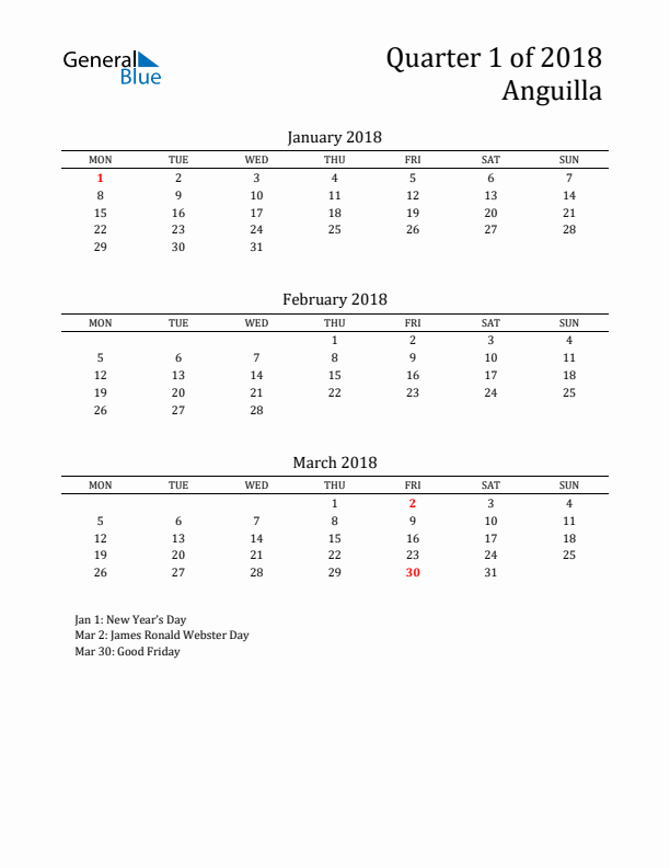 Quarter 1 2018 Anguilla Quarterly Calendar