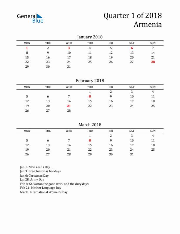 Quarter 1 2018 Armenia Quarterly Calendar