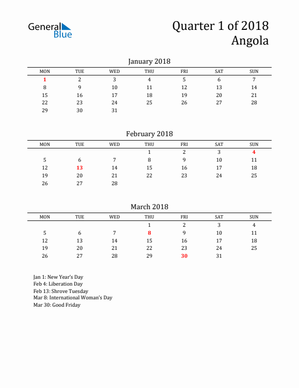 Quarter 1 2018 Angola Quarterly Calendar