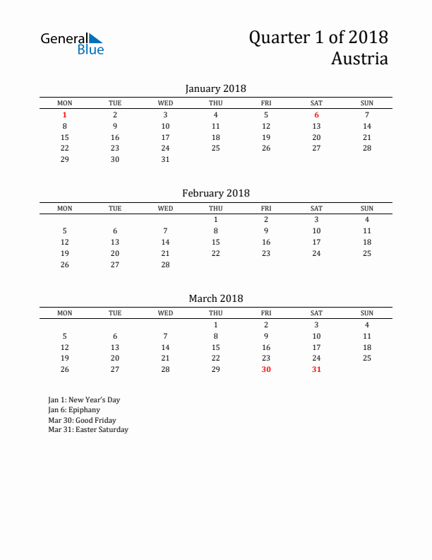 Quarter 1 2018 Austria Quarterly Calendar