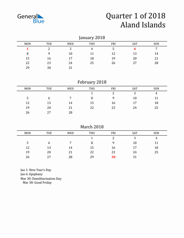 Quarter 1 2018 Aland Islands Quarterly Calendar