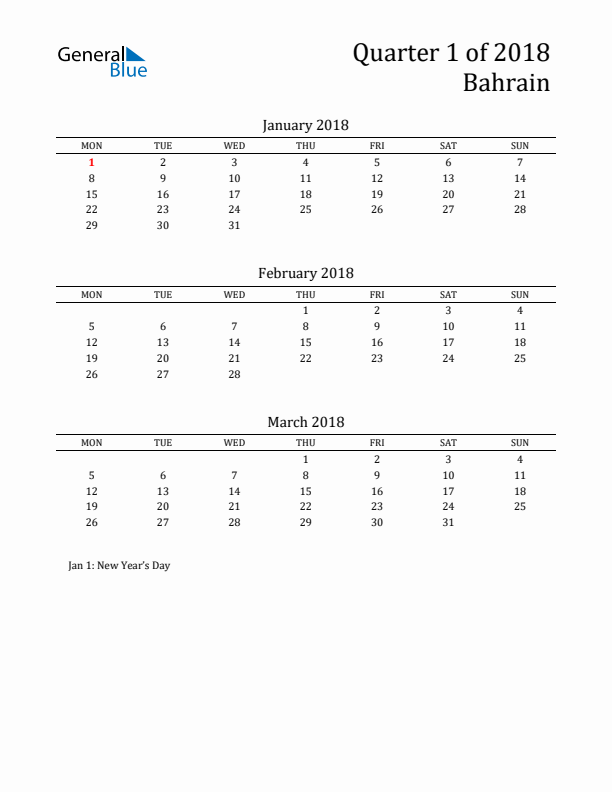 Quarter 1 2018 Bahrain Quarterly Calendar