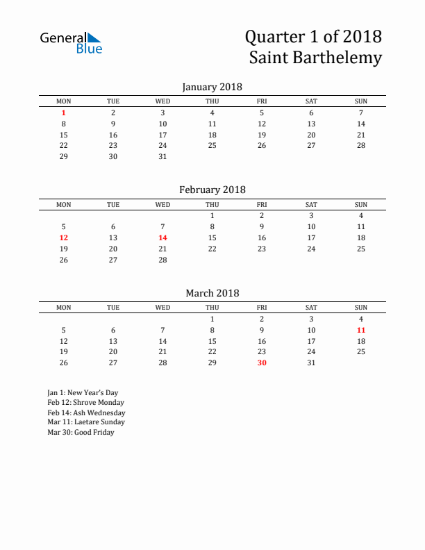 Quarter 1 2018 Saint Barthelemy Quarterly Calendar