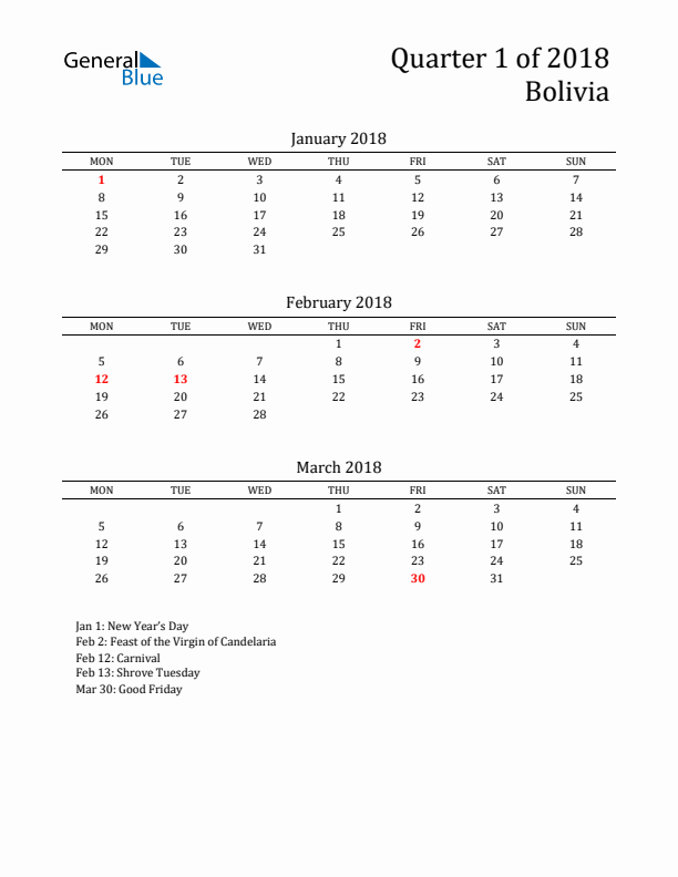 Quarter 1 2018 Bolivia Quarterly Calendar