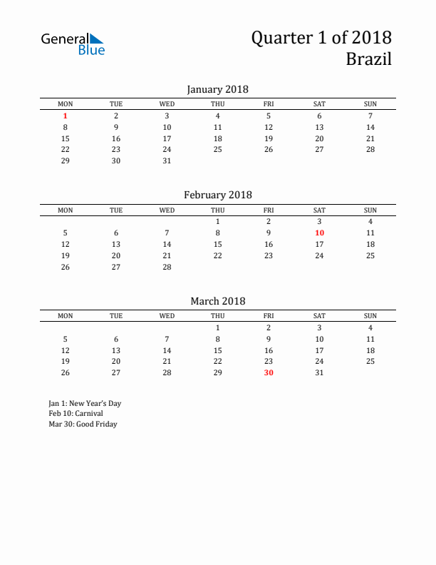 Quarter 1 2018 Brazil Quarterly Calendar