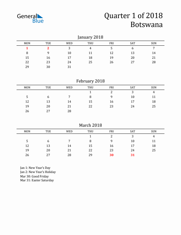 Quarter 1 2018 Botswana Quarterly Calendar