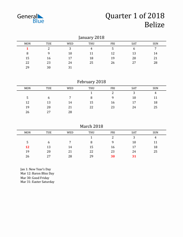 Quarter 1 2018 Belize Quarterly Calendar