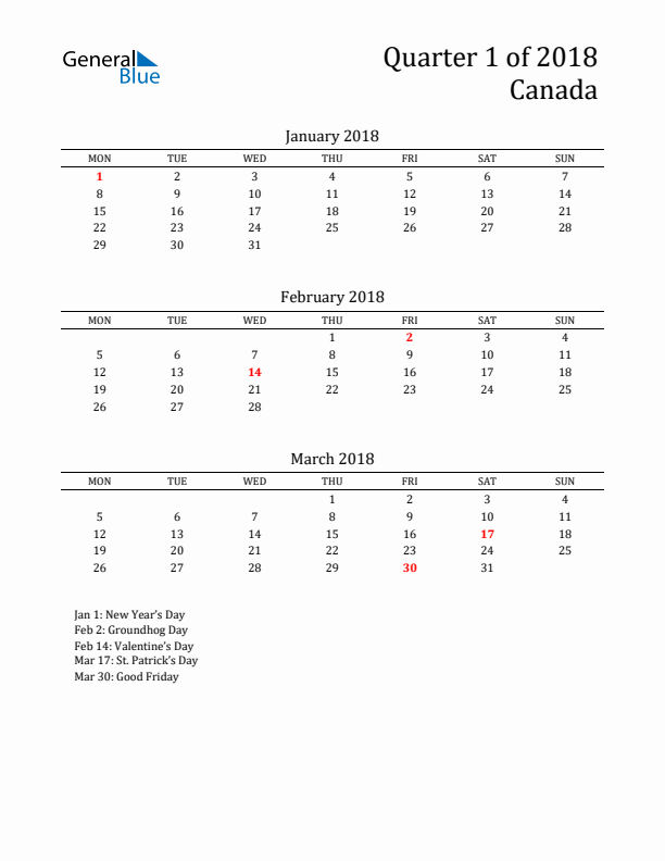 Quarter 1 2018 Canada Quarterly Calendar