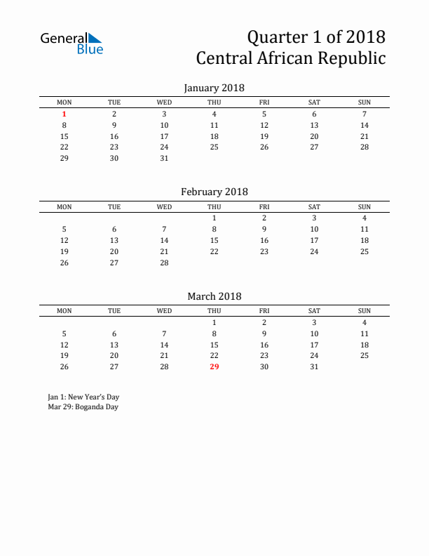 Quarter 1 2018 Central African Republic Quarterly Calendar