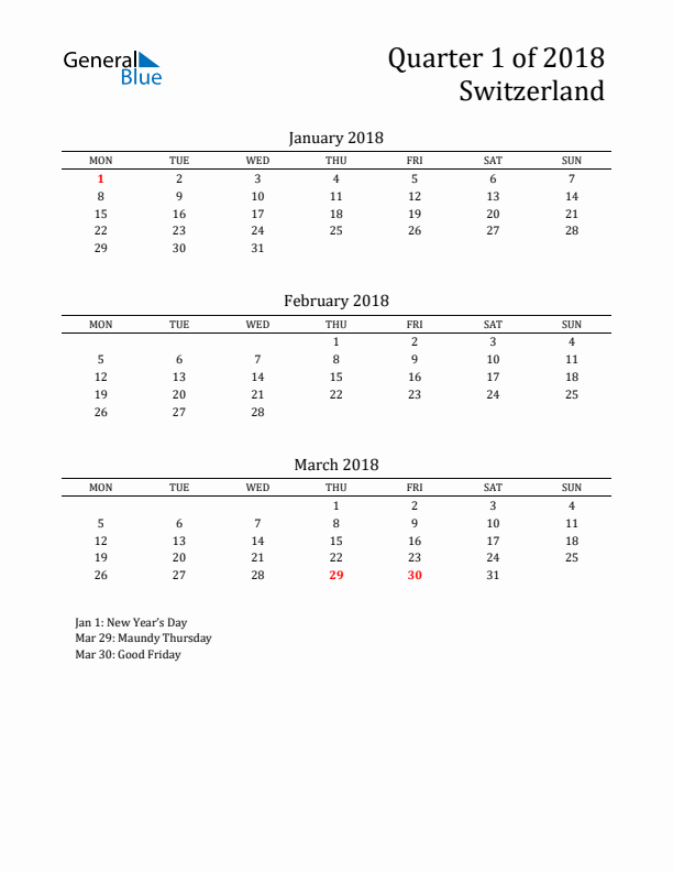 Quarter 1 2018 Switzerland Quarterly Calendar