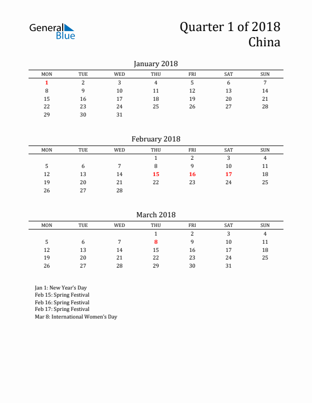 Quarter 1 2018 China Quarterly Calendar