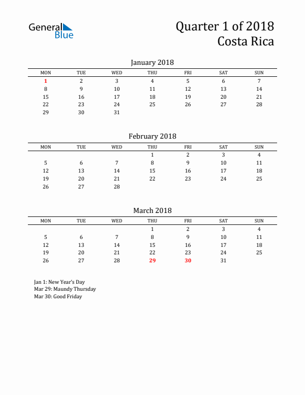 Quarter 1 2018 Costa Rica Quarterly Calendar