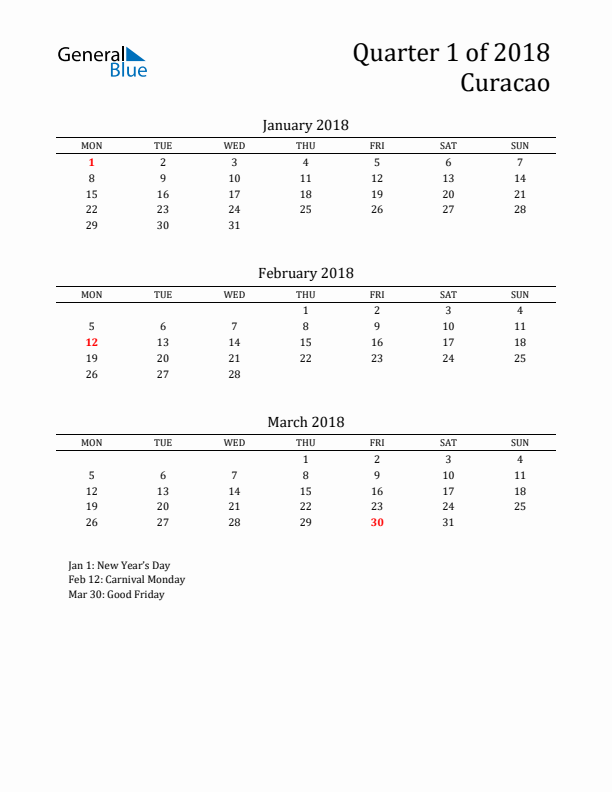 Quarter 1 2018 Curacao Quarterly Calendar