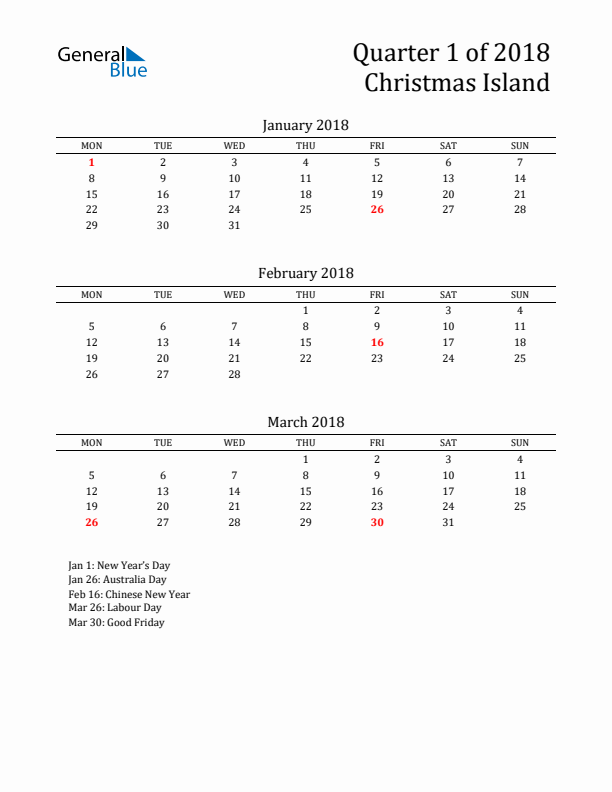 Quarter 1 2018 Christmas Island Quarterly Calendar