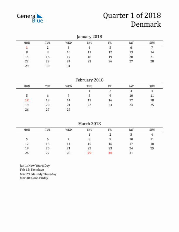 Quarter 1 2018 Denmark Quarterly Calendar