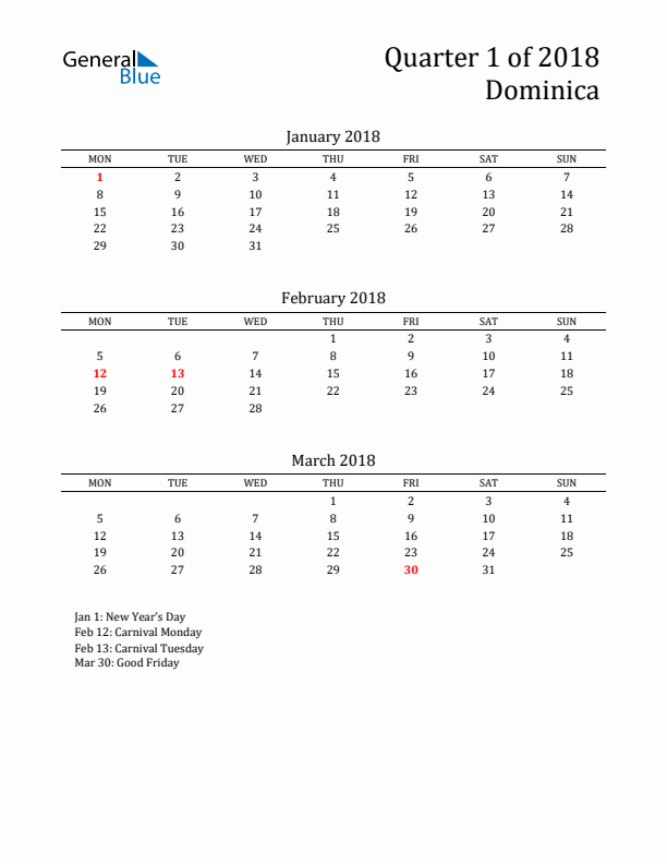 Quarter 1 2018 Dominica Quarterly Calendar