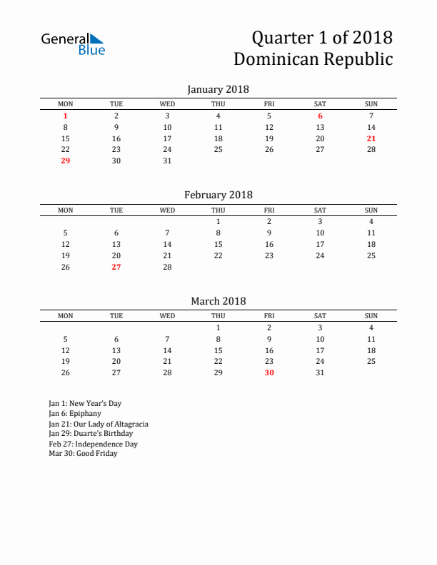 Quarter 1 2018 Dominican Republic Quarterly Calendar