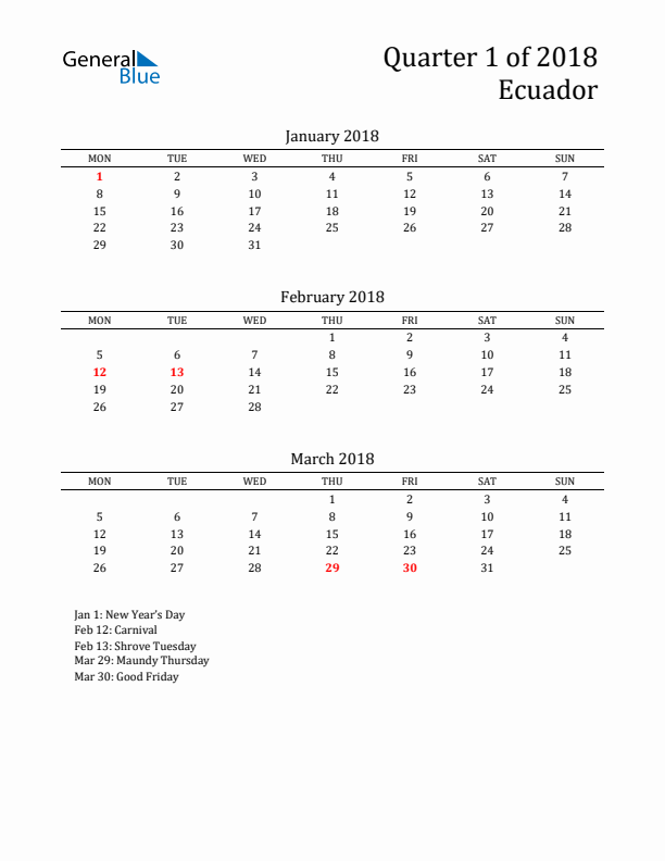 Quarter 1 2018 Ecuador Quarterly Calendar