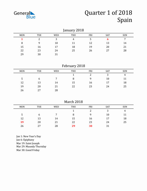 Quarter 1 2018 Spain Quarterly Calendar