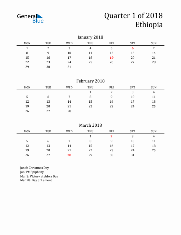 Quarter 1 2018 Ethiopia Quarterly Calendar