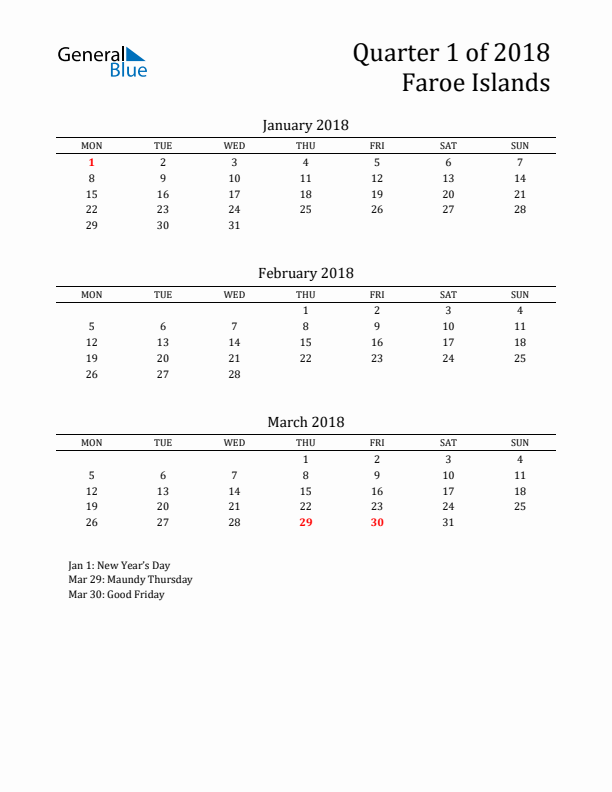 Quarter 1 2018 Faroe Islands Quarterly Calendar